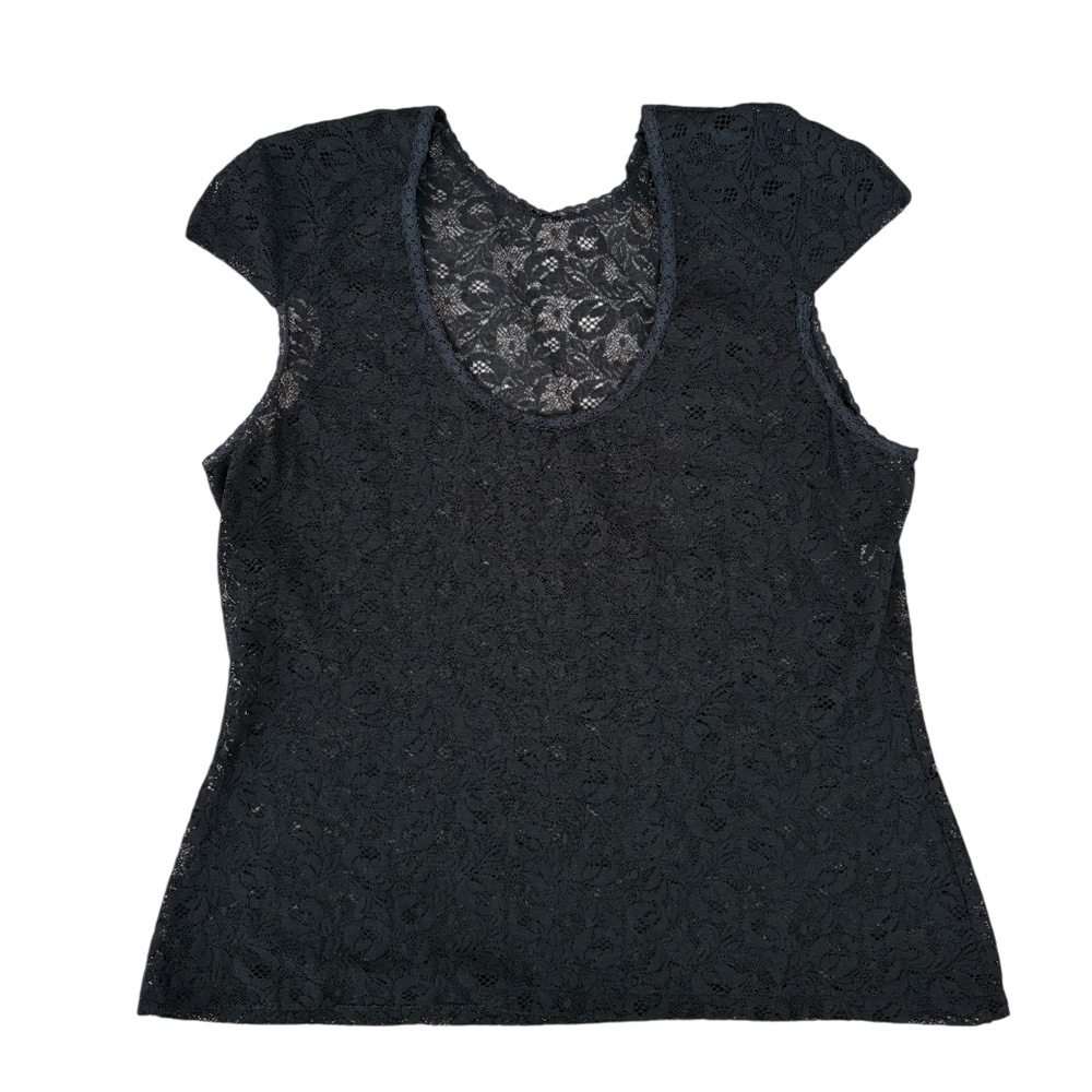 Vintage Vassarette Black Sheer Lace Cap Sleeve Top Size Large